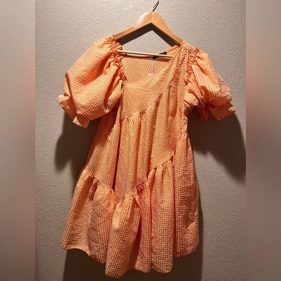 Orange & White Gingham Asymmetrical Neck Puff Sleeve Ruffle Hem Smock Dress - Picture 6 of 6
